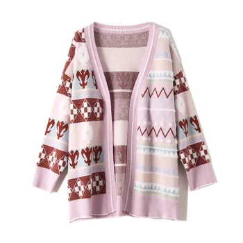 

Autumn and Winter Jacquard Long Cardigan Long Sleeve Loose Plus Size Knitted Christmas Sweaters Tops Women's Clothes TA1125