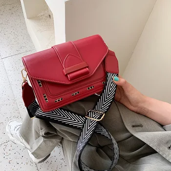 

Women's bag 2020 new messenger bag Korean wide shoulder strap small square bag retro PU leather ladies small fresh shoulder bag