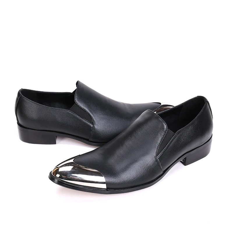 Christia Bella Business Formal Metal Pointed Toe Large Size Man Shoes Classical Black Genuine Leather Male Party Dress Shoes