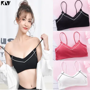 

Women Puberty Girls Spaghetti Strap Bralette Sexy V-Neck Stripes Wire Free Bra Underwear Sweet Color Removable Padded Brassiere