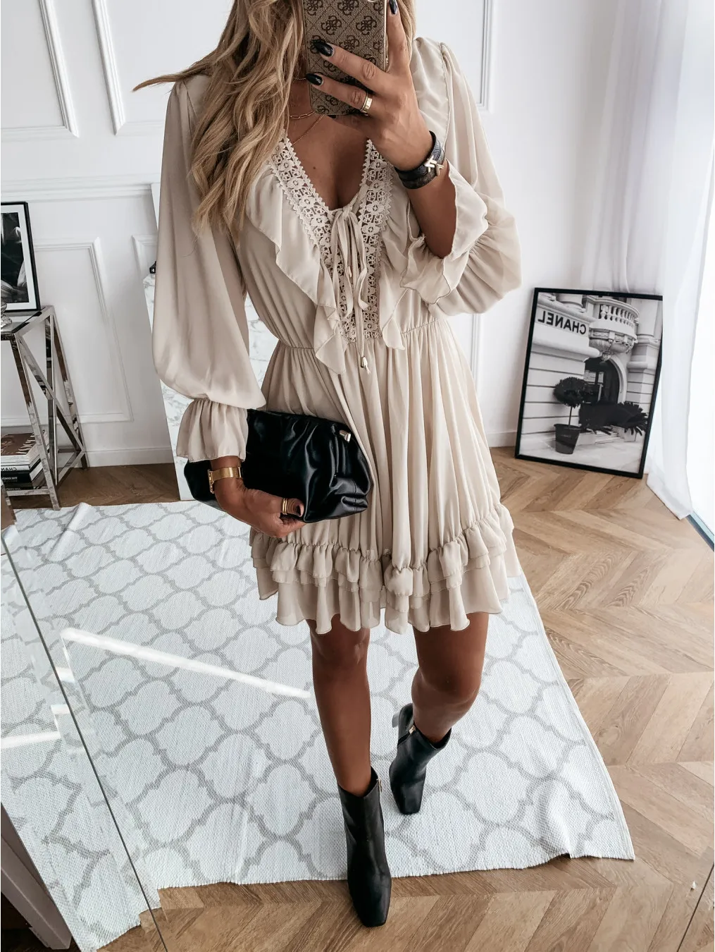 

Zoulv 2020 Autumn New Stitching Sexy Commuter V-neck Pullover Fashion Ruffled Halter Long-sleeved Dress Puff Sleeve Short Skirt