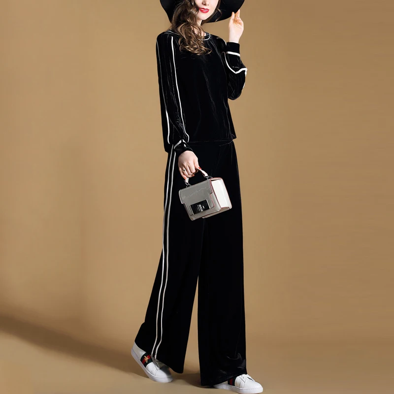 

Two Piece Velour Tracksuit Set Women Outfits 2019 Autumn Winter Long Sleeve Striped Wide Leg Pants Pull Over Sweatshirt Female
