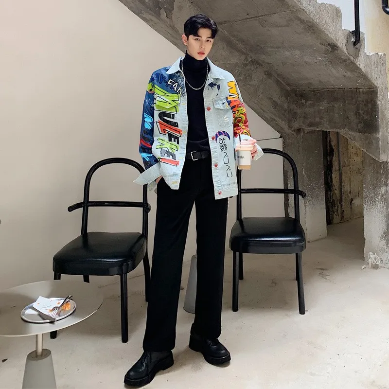 Fashion Mens Hip Hop Loose Fit Graffiti Printed Denim Jacket Casual Streetwear Outwear Jeans Coat Cowboy Light Blue Jacket