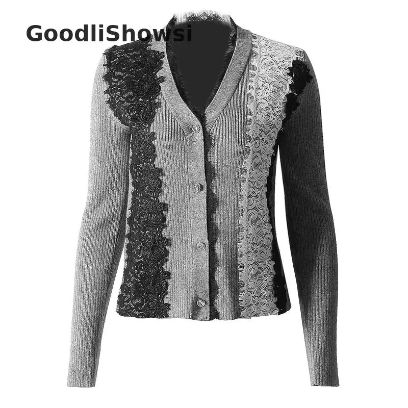 GoodliShowsi зимние модные повседневные женские вязаные кардиганы кружевные лоскутные с v-образным вырезом с длинным рукавом однобортные Болеро Топы 3 цвета