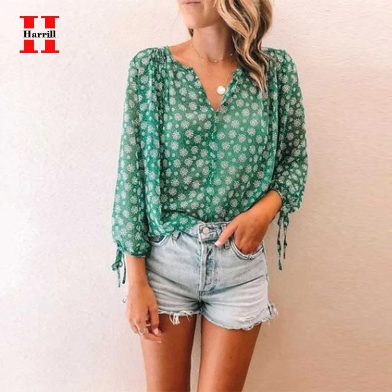 Women Chiffon Blouse Floral Print Long Sleeve Ladies Shirt Sexy Perspective Tops Womens Clothing Summer Loose Female Blouses