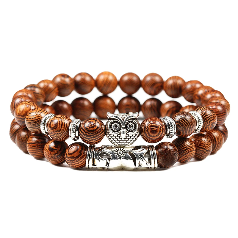 Wooden Beads Комплект из 2 предметов, браслет из бисера для мужчин и женщин, натуральный тигровый глаз и лавовый камень, энергетический стрейч-браслет, браслеты «Сова», Homme, классические ювелирные изделия, Pulsera - Окраска металла: Wooden Beads