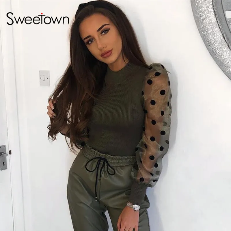 Sweetown/Винтажные футболки в горошек с пышными рукавами; женская уличная одежда; Новинка года; сезон осень-зима; водолазка с длинными рукавами; Базовая футболка
