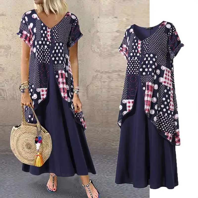 Skup 2020 ZANZEA jesień lato sukienka kobiety Polka Dot nadruk patchworkowy plisowana maxi plus size długa sukienka Sexy V Neck Vestidos Sundress