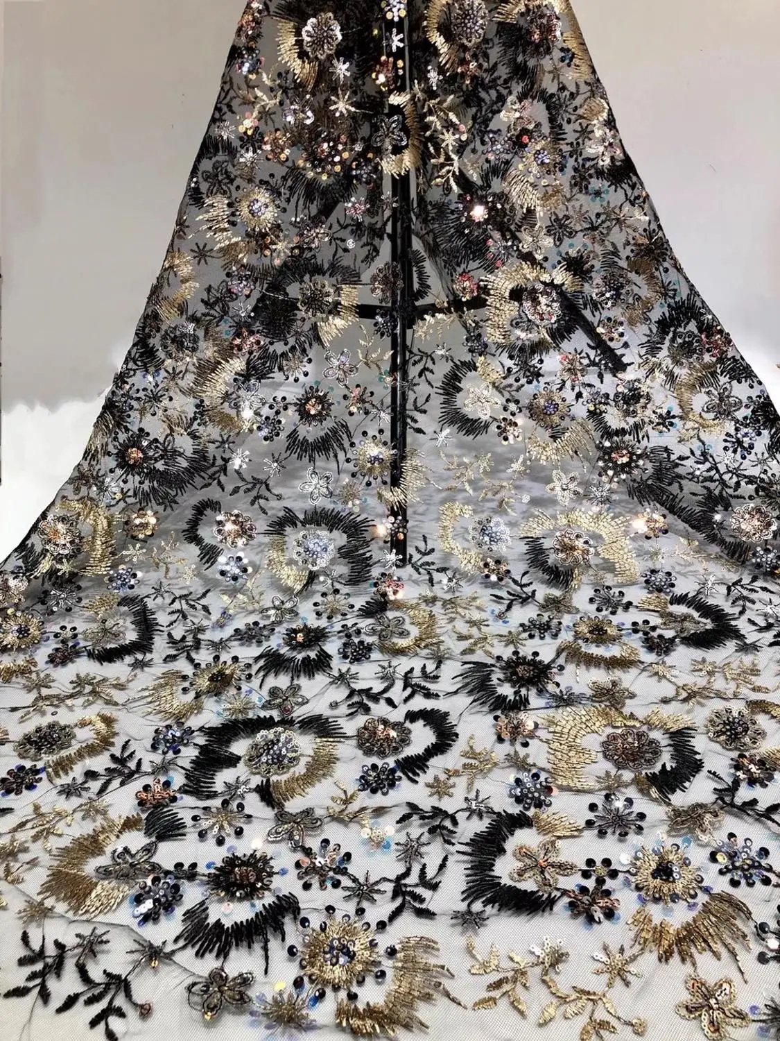 

French style high quality sequin embroidery lace fabric 5 yards for banquet dress party QY-004