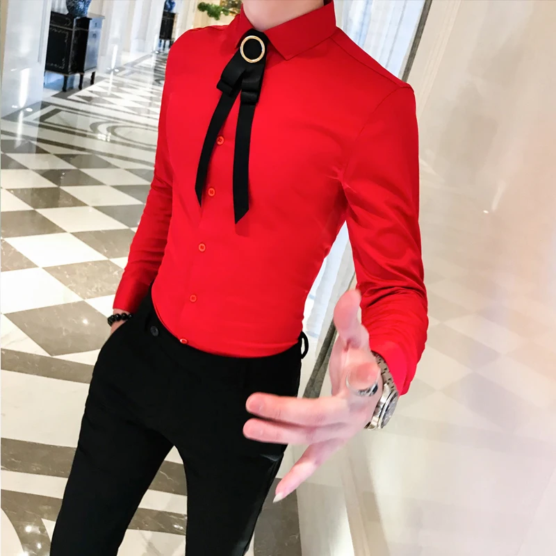 Red9801 Деловая рубашка, Camiseta Masculina, осенняя мужская рубашка с длинным рукавом, мужская белая Красная приталенная рубашка, одноцветная мужская рубашка - Цвет: Red9801