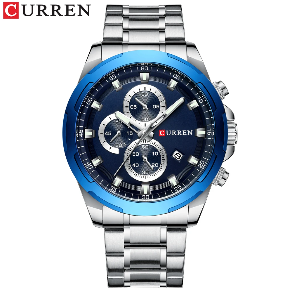 Sliver blue CURREN бренд хронограф мужские наручные часы модные спортивные часы роскошные часы из нержавеющей стали мужские водонепроницаемые наручные часы - Цвет: Sliver blue