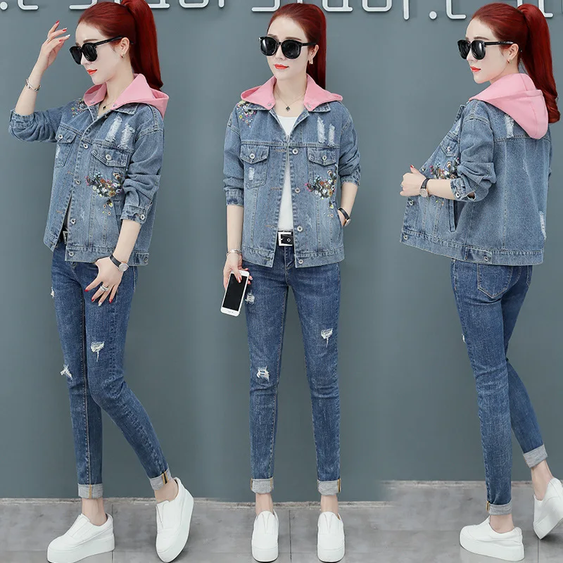 

Fashion New Style Denim Jacket Women's 2019 Spring And Autumn Korean-style Contrast Color Deconstructable Hooded Colorful Embroi