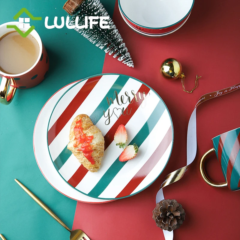 1 шт. рождественские керамические обеденные тарелки круглые полосатые и наборы