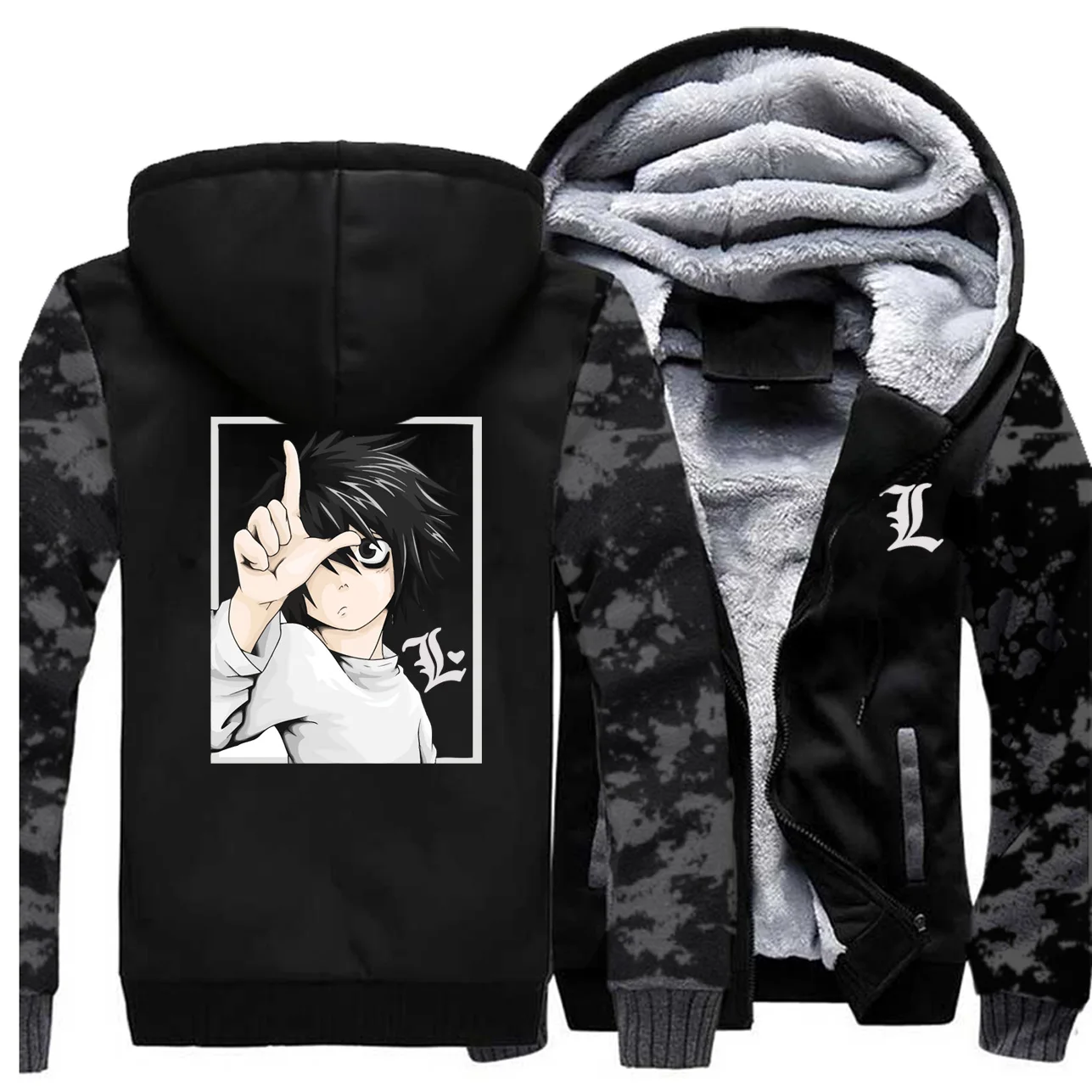 Death Note, куртки японского аниме, мужские толстовки, толстовка, зимняя, толстая, Feece, пальто на молнии, Спортивная камуфляжная верхняя одежда размера плюс