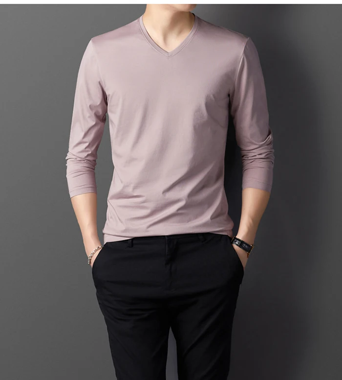 9 цветов футболка с длинными рукавами для мужчин весна осень новая модная повседневная Однотонная футболка с v-образным вырезом мужские брендовые футболки