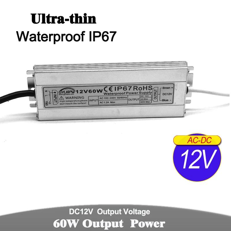 

Ultrathin Power Supply IP67 Waterproof 12V 5A 60W Transformers 100-240v AC DC12V Outdoor Power Adapter For Led Strip Light CCTV