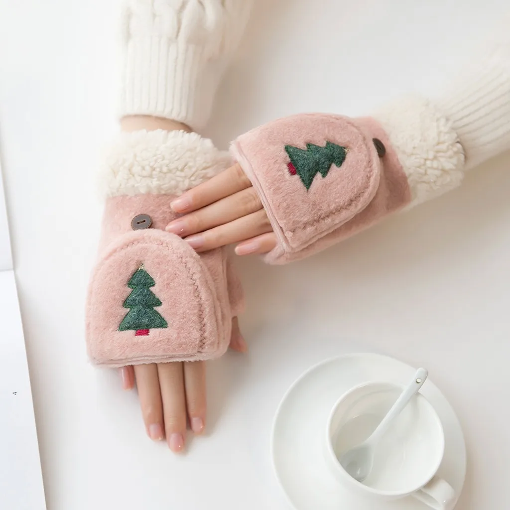 Female Elastic Mittens New Women's Winter Half Finger Gloves Cartoon Thick Plush Gloves Half Finger Outdoors Warm Gloves - Color: Pink