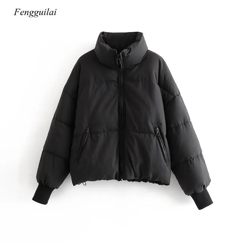 

Fashion Stand Collar Women Thick Warm Winter Bubble Coats Female Khaki Jackets Pockets Zipper Simple Overcoats
