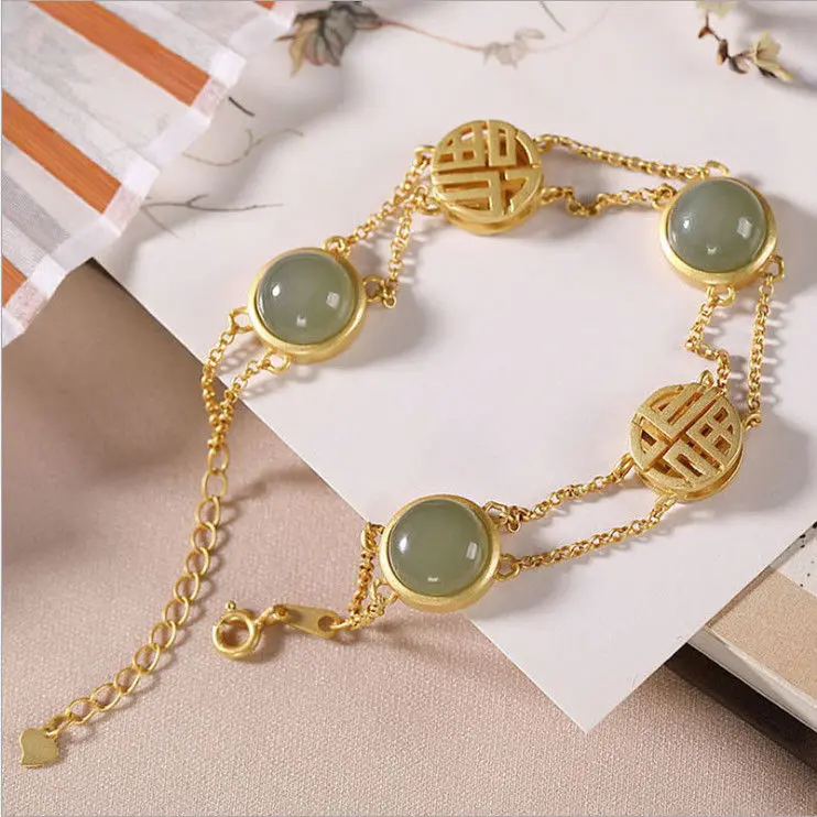 Natural Hetian Chalcedony Double Inlaid Bracelet Classical Elegant Gold Lightweight Luxury Charm Female Jewelry | Украшения и