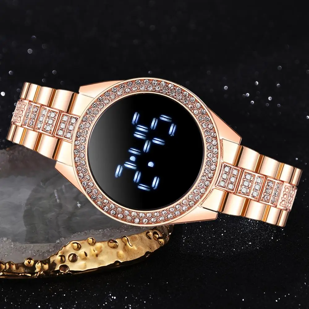 Luxury Digital Magnet Watches For Women Rose Gold Stainless Steel Dress LED Quartz Watch Female Clock Relogio Feminino Drop Ship