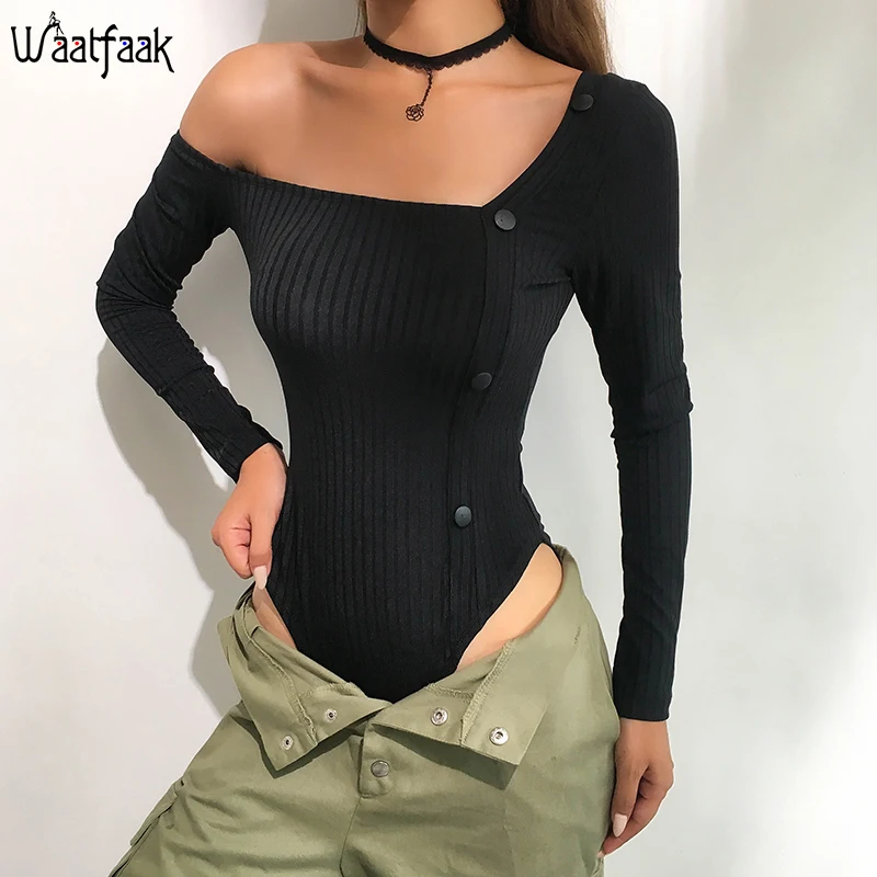 

Waatfaak Irregular Collar Button Black Bodysuit Long Sleeve Autumn Bodysuits Women Elegant Club Bodycon Body Suit Ladies Bodies