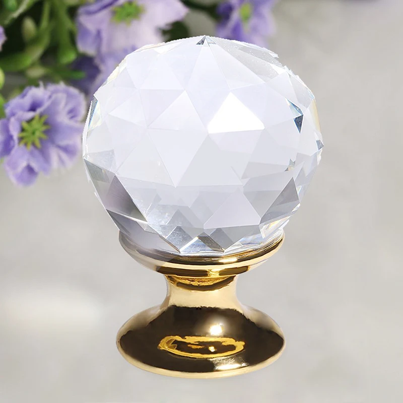 

8 X Clear Crystal Glass Door Knob + Screw (diameter 25mm gold)