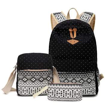

Dot Canvas Printing Backpack Women School Back Bags for Teenage Girls Cute Black Set Travel Backpacks Female Bagpack Rucksack