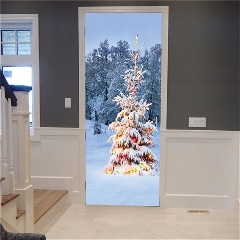 Снеговики, елки Декоративные наклейки на дверь самоклеющиеся обои для дверей гостиной спальни новогодние съемные наклейки