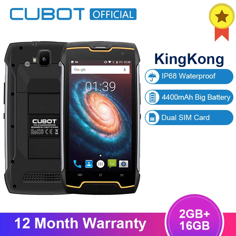 

Cubot KingKong 4400mAh IP68 Waterproof Dustproof Shockproof MT6580 Quad Core 5.0"Android 7.0 Cellular 2G RAM 16G ROM Smartphone