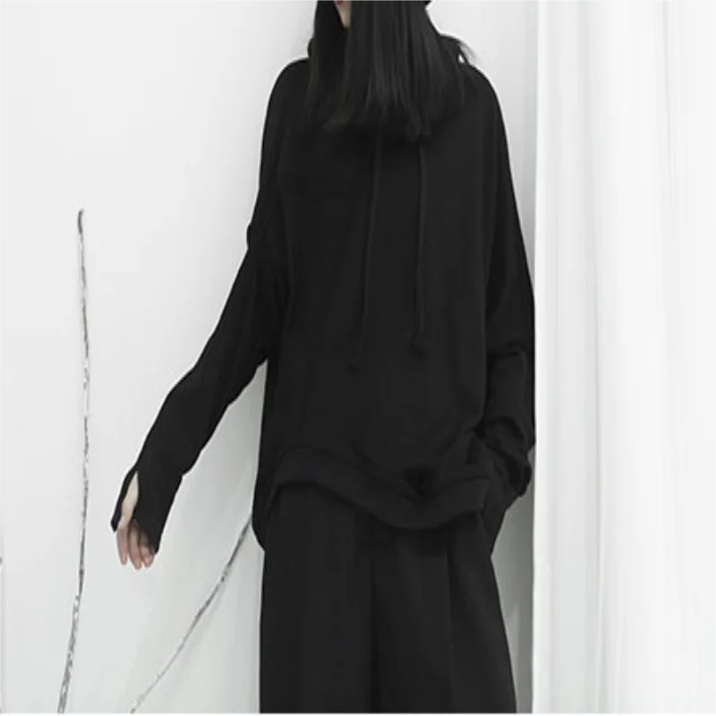 Women's Long Sleeve Hoodie Winter New Black Drawstring Irregular Design Young Fashion Trend Versatile Pullover