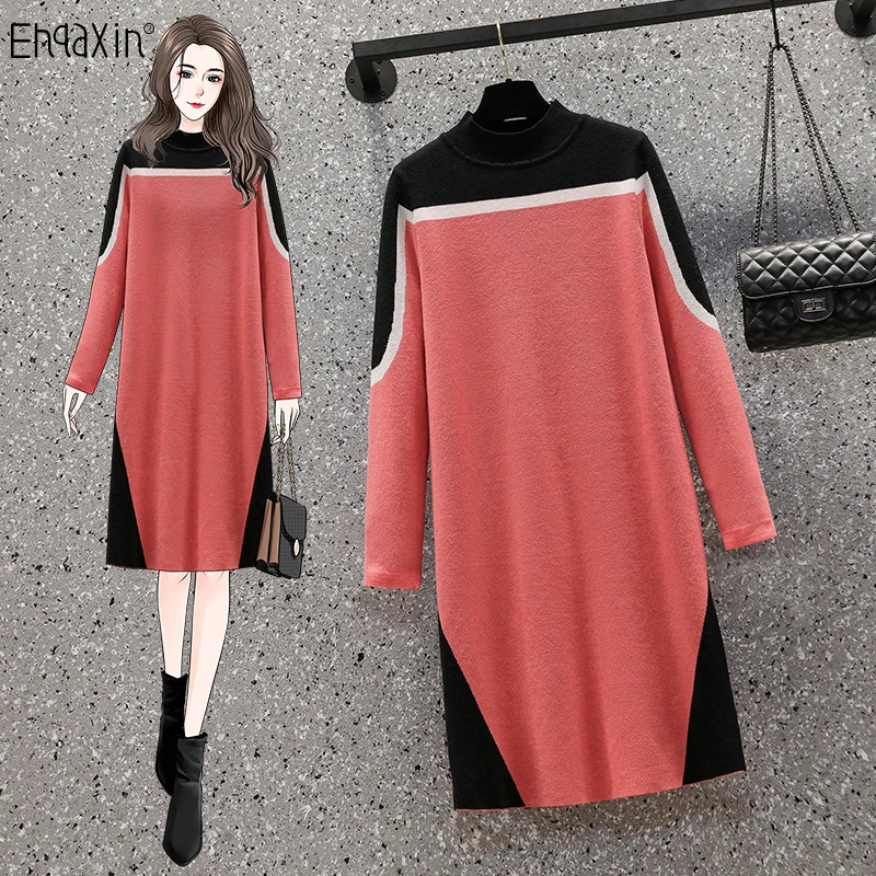 

EHQAXIN New Ladies Knitted Dress Autumn Winter Fashion Contrast Color Stitching High Neck A-Line Sweater Dresses Female L-4XL