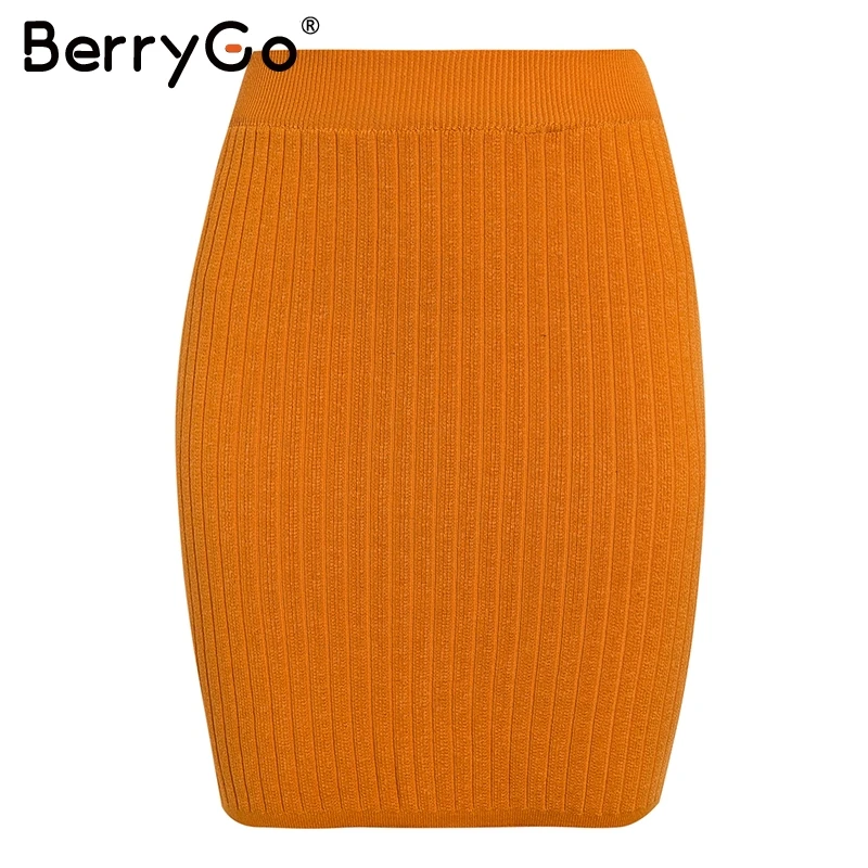 Orange BerryGo элегантные трикотажные юбки с эластичным ремешком Женская осенне-зимняя теплая прямая женская юбка ребристая однотонная короткая женская юбка - Цвет: Orange