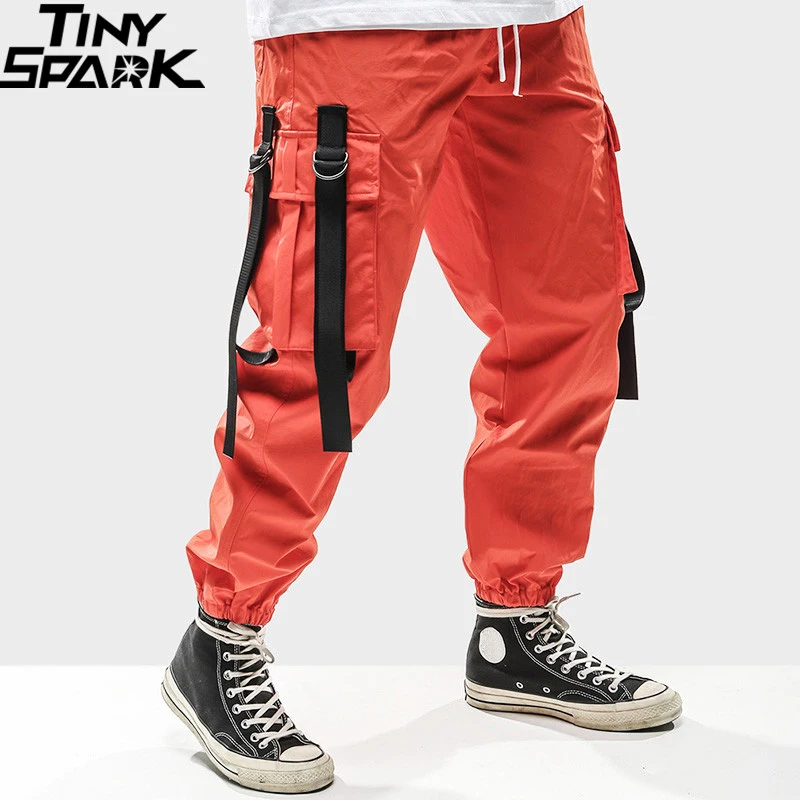 Najtaniej 2019 Harajuku Pant Joggers mężczyźni Hip Hip Cargo spodnie kieszenie Swag Ribbon SweatPant Streetwear wiosna lato Track spodnie Hipster