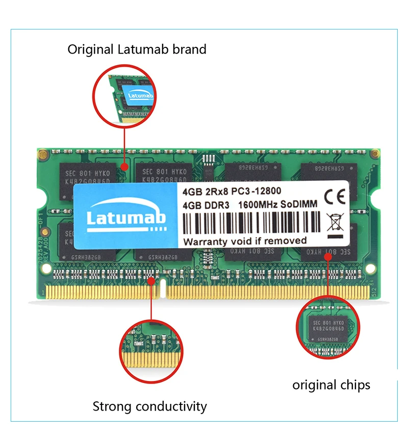 Latumab 4 ГБ DDR3 1600 МГц PC3 12800 ноутбук Память ОЗУ SODIMM 204 шпильки ноутбук превосходного качества модуль SODIMM DDR3 ram