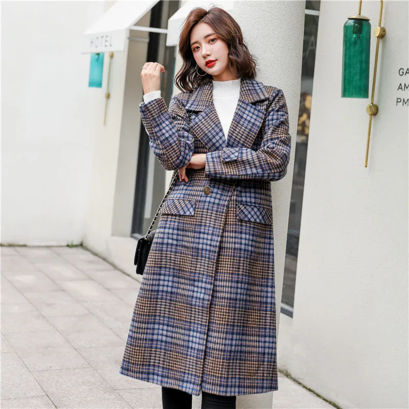 

2018 Winter New Style Korean-style Popular Plaid Woolen Coat Women's Mid-length Loose And Plus-sized Overcoat