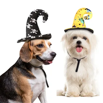 

2019 Unique Halloween Witch Hat For Dog Yellow Dog Halloween Hats And Caps Black Skull Bone Dog Christmas Hat Pet Product