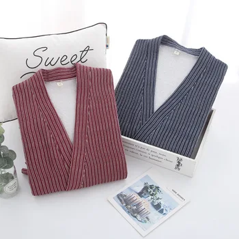 

Autumn Winter Japanese Couple Kimono Pajamas Knitted Quilted Air Layer Long-Sleeved Quilted Men Plus Size Home Service Sleepwear