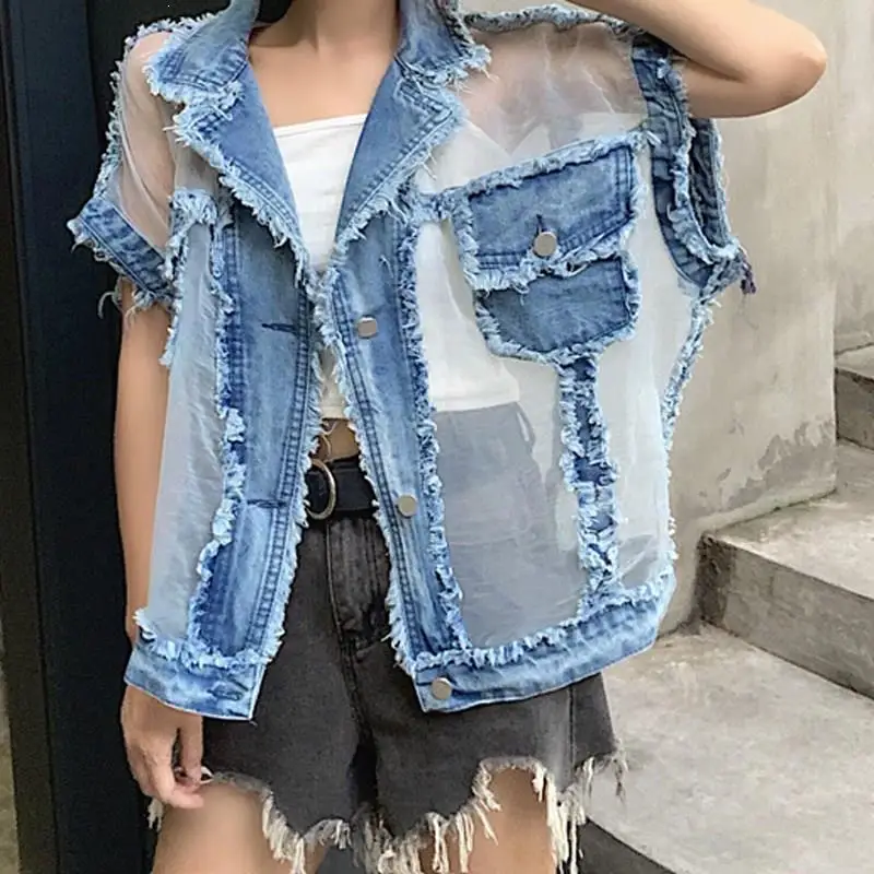 

New Women Summer Patchwork Mesh Jean Vests Coat Female Short Sleeve Denim Jacket Pockets Casual Loose Transparent Vests Coat