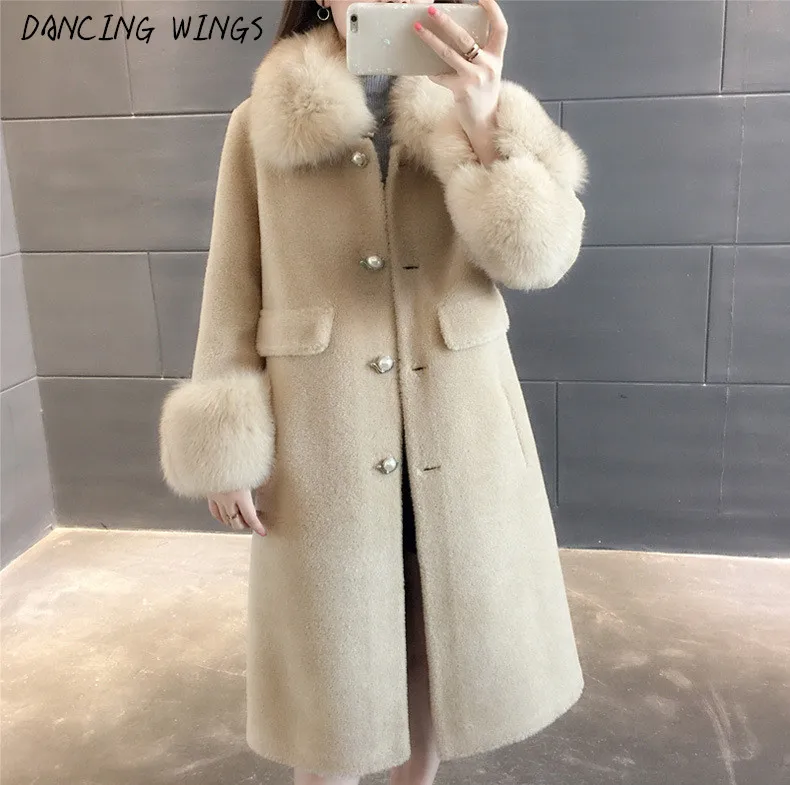

Women Winter Sheep Shearling Fur Coat Natural Fox Fur Collar Long Warm Real Fur Coats Genuine Wool Jackets