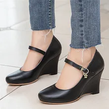 

AGODOR black white wedges shoes for women high heels pumps buckle strap round toe shoes woman big size