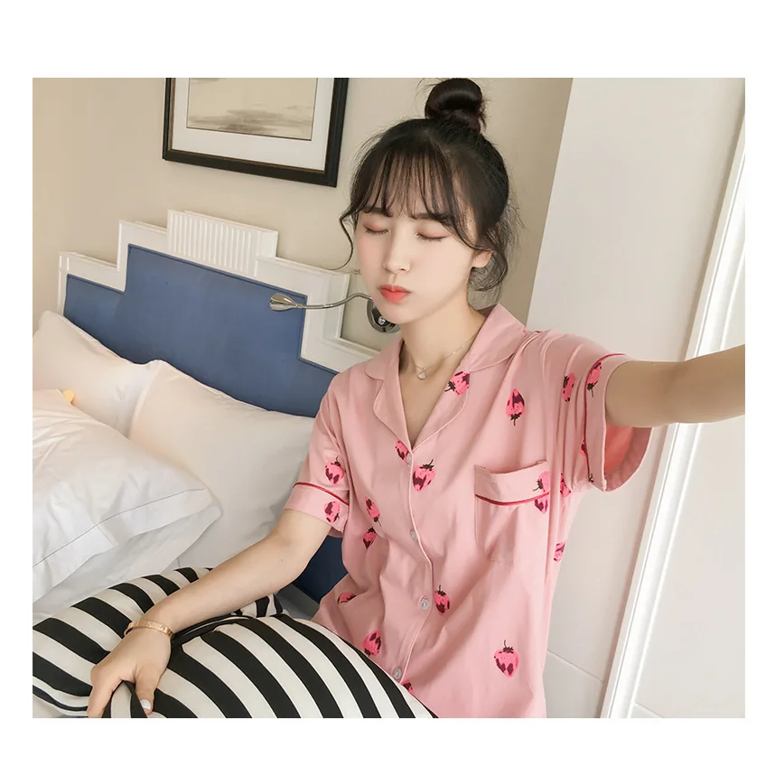 South Korea Pajamas Summer Online Celebrity Style Strawberry Fold-down Collar Short Sleeve Shorts Pure Cotton WOMEN'S Suit-Outer