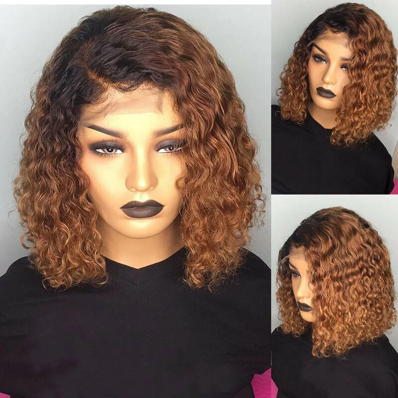 2019 Women Short Curly Lace Front Hair Wig Ombre Brazilian Bob Water Wave Wig MP789