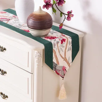 

New Chinese Style Classical Birds Flowers Table Runner Spring Patchwork Table Flag with Tassels Shoe Cabinet Table Decor Cover