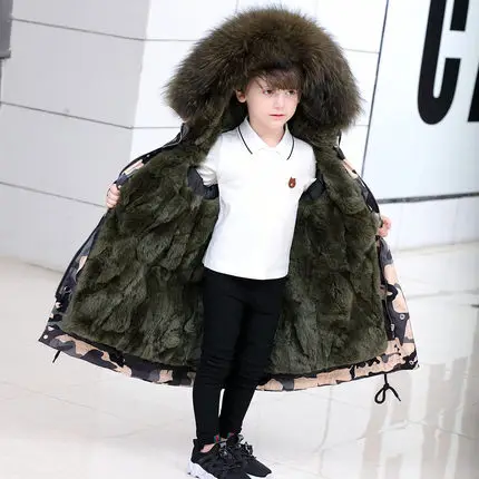Grey viridity Fur Детское пальто с натуральным мехом камуфляжная длинная куртка с натуральным кроличьим мехом внутри для девочек зимняя парка для мальчиков TZ14 - Цвет: Grey viridity Fur