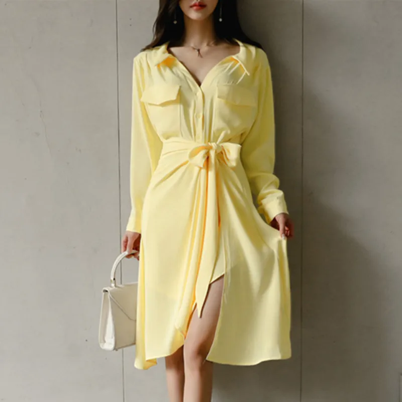 

Large Size Singer Button Midi Dress and Yellow Casual Bodycon Skirt Women Suit Set Fall Clothes for Women Autumn Two Piece Set