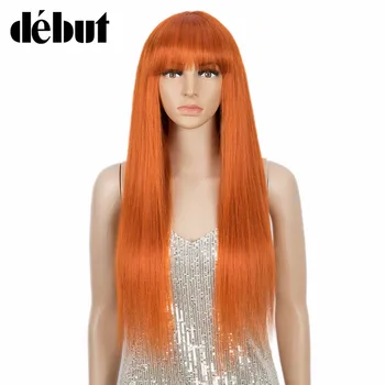 

Debut Straight Human Hair Wigs With Bangs 99J Colored Brazilian Remy Hair Wigs Orange Blue Human Hair Full Wigs 16-28 Cheap Wigs