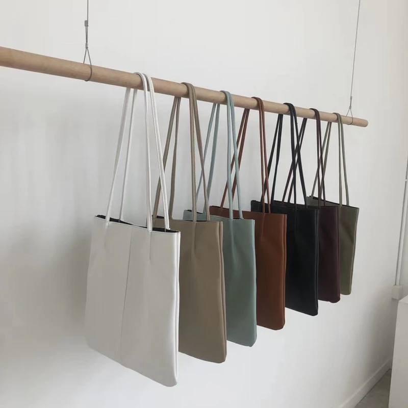 

2020 Solid Color Middle Women Handbag Korean Style Female Shoulder Bag Casual PU Leather Thin Ladies Bag Sets Whole Sale