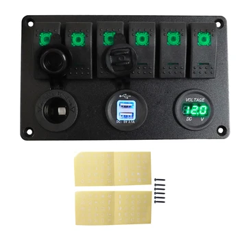 

Green LED 12V / 24V 6 Gang Rocker Switch Panel With Dual USB Slot Socket Digital Voltage Display for Car RV Truck Boat Marine