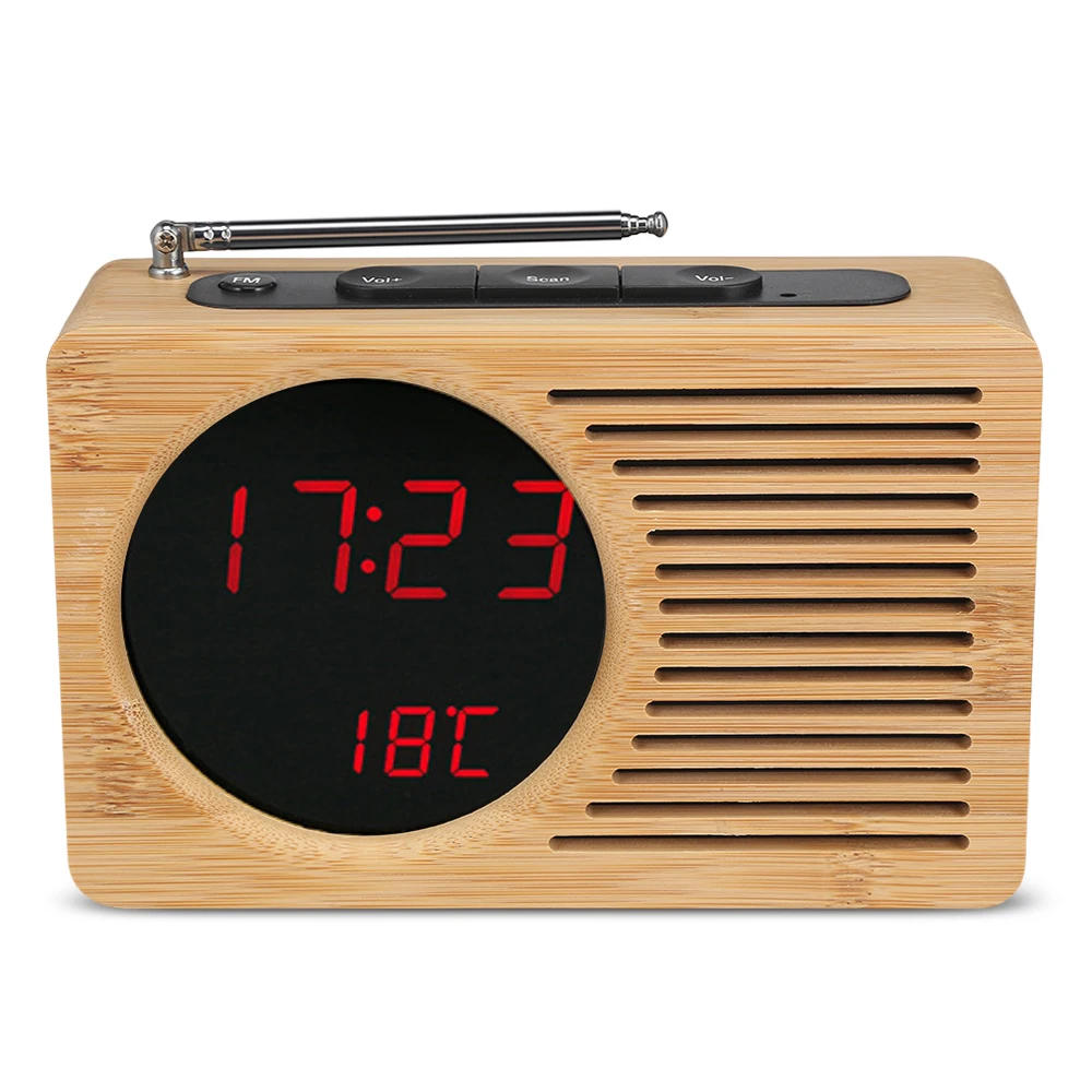 Rosso Red Светодиодный бамбуковый цифровой fm-радио будильник для дома, спальни, офиса, 12 h/24 h дисплей времени usb зарядка радио будильник - Цвет: Rosso Red