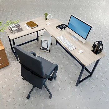 

Office Desktop Computer Desk Steel +wood Durable Corner Computer Desk Office Desk Large Area Workbench Efficient Working #g3